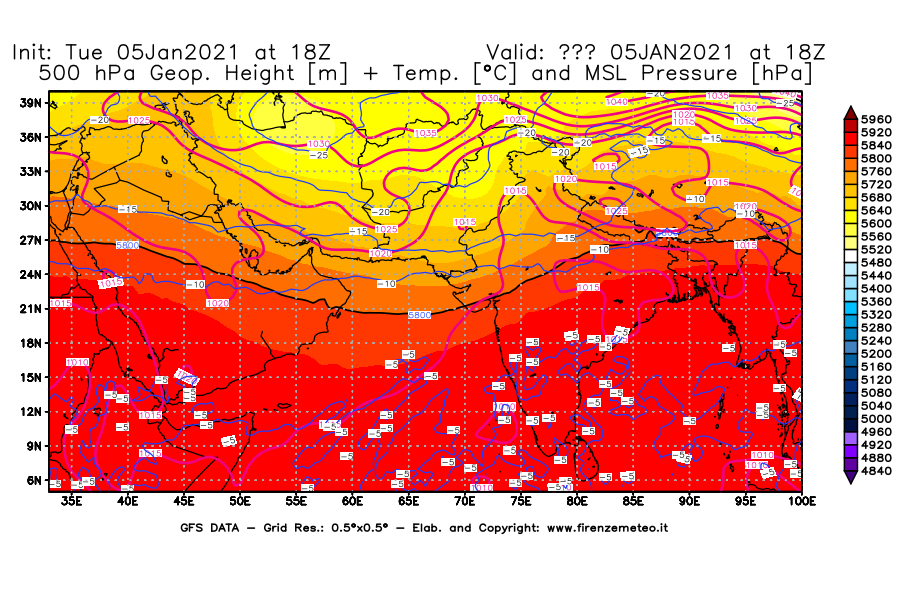 Mappa di analisi GFS - Geopotenziale [m] + Temp. [°C] a 500 hPa + Press. a livello del mare [hPa] in Asia Sud-Occidentale
									del 05/01/2021 18 <!--googleoff: index-->UTC<!--googleon: index-->