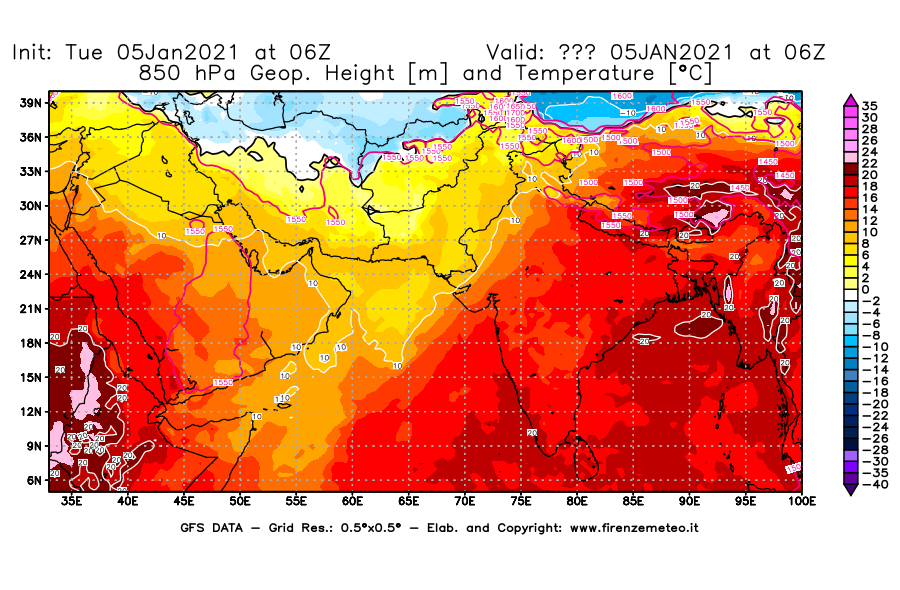 Mappa di analisi GFS - Geopotenziale [m] e Temperatura [°C] a 850 hPa in Asia Sud-Occidentale
									del 05/01/2021 06 <!--googleoff: index-->UTC<!--googleon: index-->