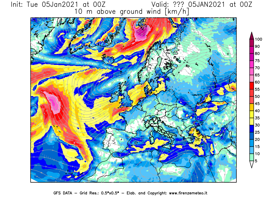 Mappa di analisi GFS - Velocità del vento a 10 metri dal suolo [km/h] in Europa
									del 05/01/2021 00 <!--googleoff: index-->UTC<!--googleon: index-->