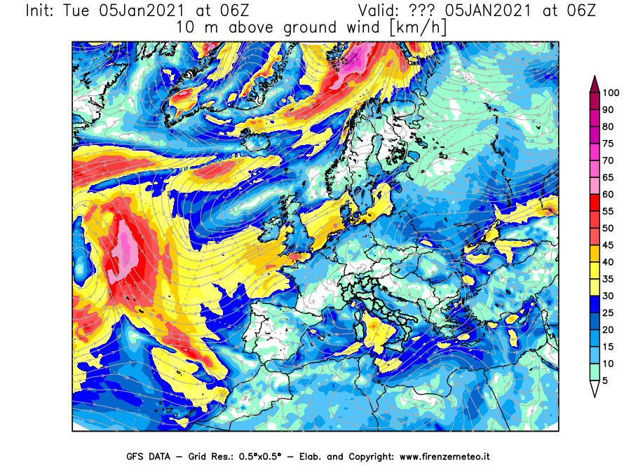 Mappa di analisi GFS - Velocità del vento a 10 metri dal suolo [km/h] in Europa
									del 05/01/2021 06 <!--googleoff: index-->UTC<!--googleon: index-->