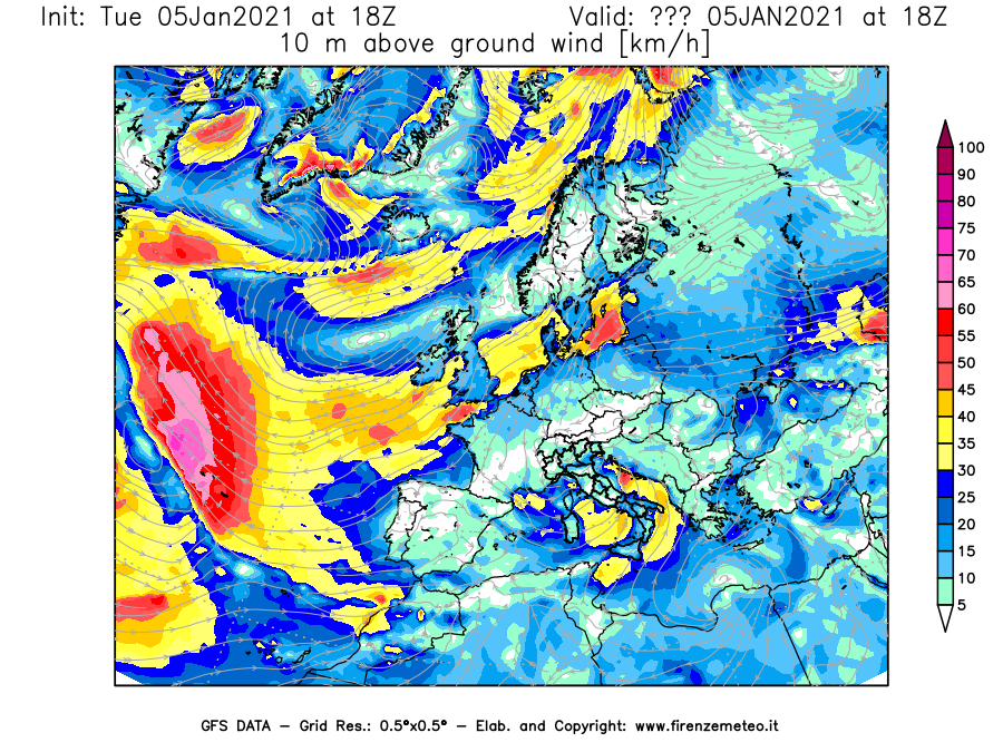 Mappa di analisi GFS - Velocità del vento a 10 metri dal suolo [km/h] in Europa
									del 05/01/2021 18 <!--googleoff: index-->UTC<!--googleon: index-->