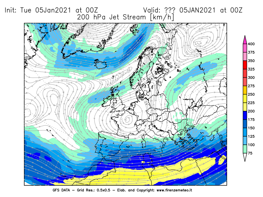 Mappa di analisi GFS - Jet Stream a 200 hPa in Europa
									del 05/01/2021 00 <!--googleoff: index-->UTC<!--googleon: index-->