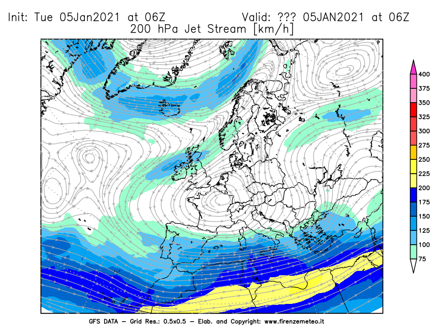Mappa di analisi GFS - Jet Stream a 200 hPa in Europa
									del 05/01/2021 06 <!--googleoff: index-->UTC<!--googleon: index-->