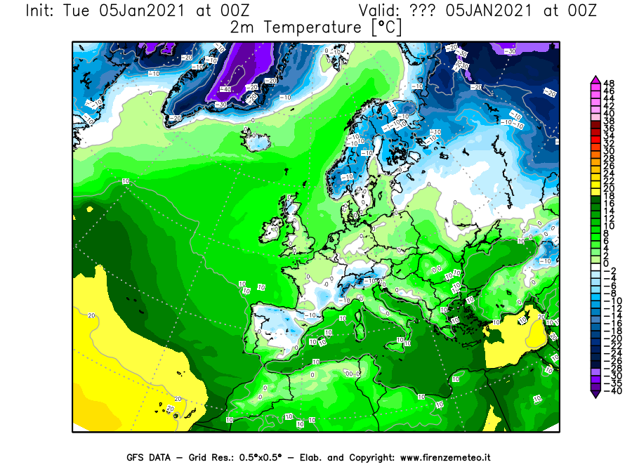 Mappa di analisi GFS - Temperatura a 2 metri dal suolo [°C] in Europa
									del 05/01/2021 00 <!--googleoff: index-->UTC<!--googleon: index-->