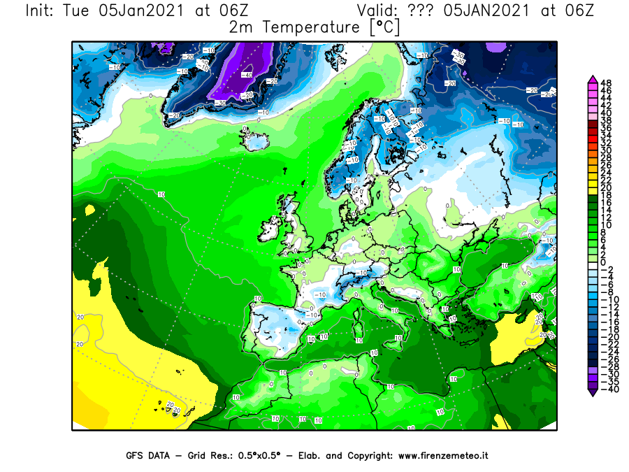 Mappa di analisi GFS - Temperatura a 2 metri dal suolo [°C] in Europa
									del 05/01/2021 06 <!--googleoff: index-->UTC<!--googleon: index-->