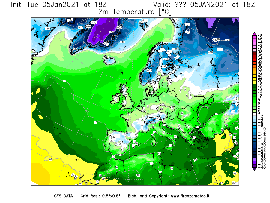 Mappa di analisi GFS - Temperatura a 2 metri dal suolo [°C] in Europa
									del 05/01/2021 18 <!--googleoff: index-->UTC<!--googleon: index-->
