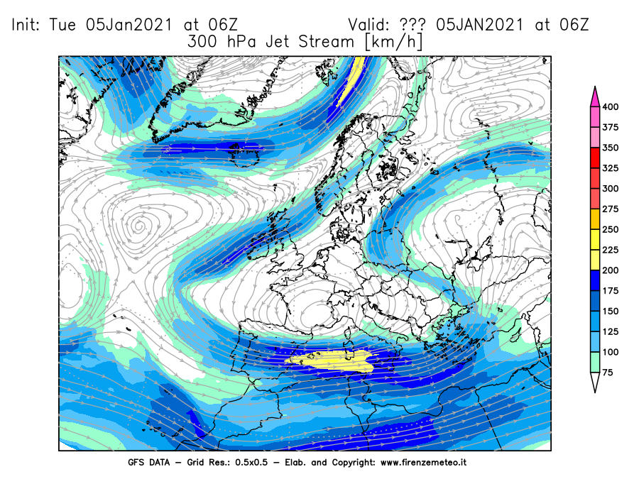 Mappa di analisi GFS - Jet Stream a 300 hPa in Europa
									del 05/01/2021 06 <!--googleoff: index-->UTC<!--googleon: index-->