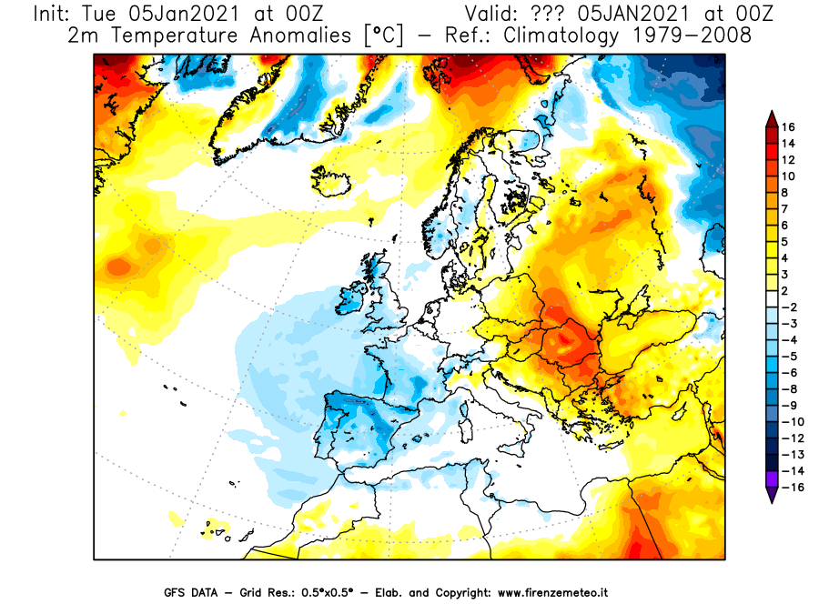 Mappa di analisi GFS - Anomalia Temperatura [°C] a 2 m in Europa
									del 05/01/2021 00 <!--googleoff: index-->UTC<!--googleon: index-->