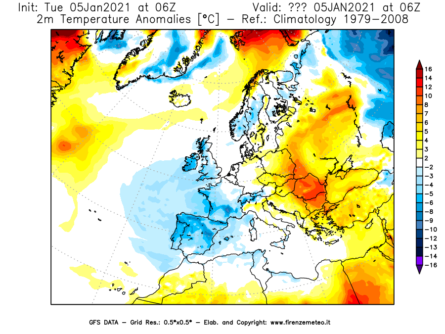 Mappa di analisi GFS - Anomalia Temperatura [°C] a 2 m in Europa
									del 05/01/2021 06 <!--googleoff: index-->UTC<!--googleon: index-->