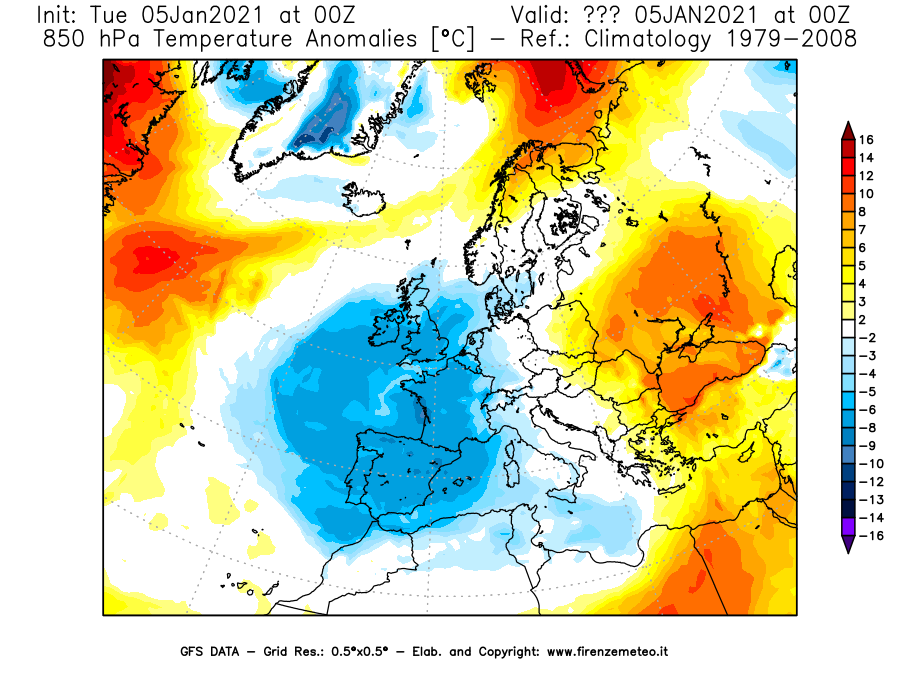 Mappa di analisi GFS - Anomalia Temperatura [°C] a 850 hPa in Europa
									del 05/01/2021 00 <!--googleoff: index-->UTC<!--googleon: index-->