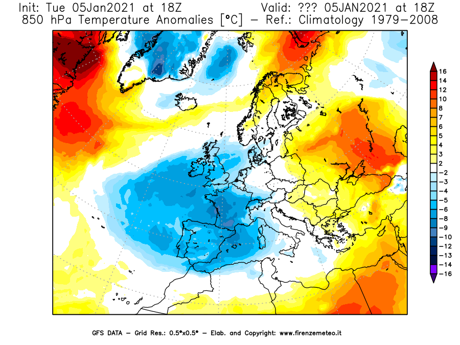 Mappa di analisi GFS - Anomalia Temperatura [°C] a 850 hPa in Europa
									del 05/01/2021 18 <!--googleoff: index-->UTC<!--googleon: index-->