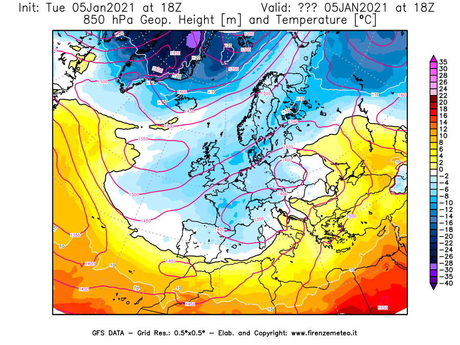 Mappa di analisi GFS - Geopotenziale [m] e Temperatura [°C] a 850 hPa in Europa
									del 05/01/2021 18 <!--googleoff: index-->UTC<!--googleon: index-->
