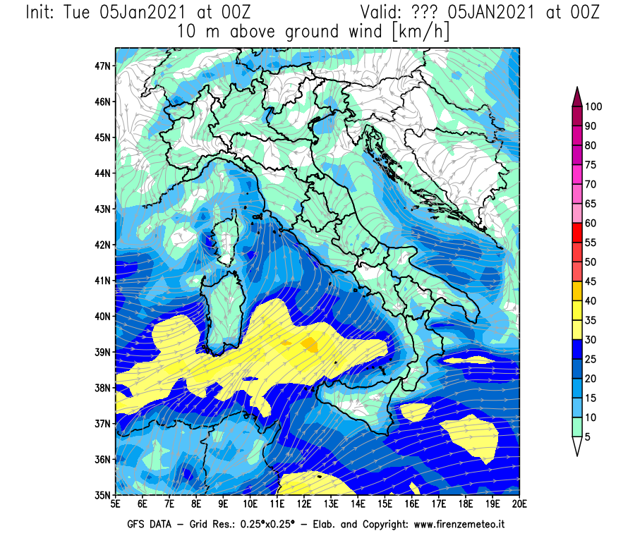 Mappa di analisi GFS - Velocità del vento a 10 metri dal suolo [km/h] in Italia
									del 05/01/2021 00 <!--googleoff: index-->UTC<!--googleon: index-->
