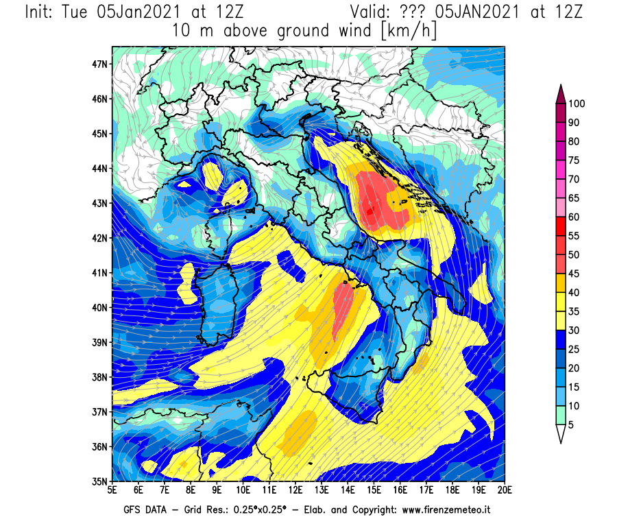 Mappa di analisi GFS - Velocità del vento a 10 metri dal suolo [km/h] in Italia
									del 05/01/2021 12 <!--googleoff: index-->UTC<!--googleon: index-->