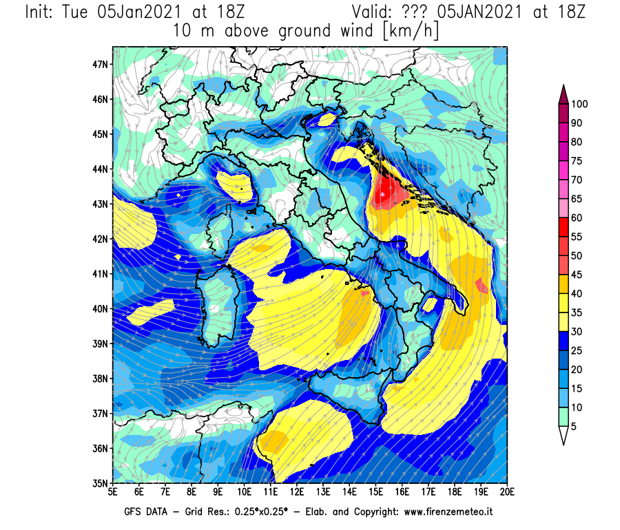Mappa di analisi GFS - Velocità del vento a 10 metri dal suolo [km/h] in Italia
									del 05/01/2021 18 <!--googleoff: index-->UTC<!--googleon: index-->