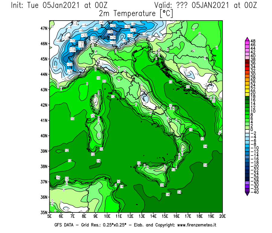 Mappa di analisi GFS - Temperatura a 2 metri dal suolo [°C] in Italia
									del 05/01/2021 00 <!--googleoff: index-->UTC<!--googleon: index-->