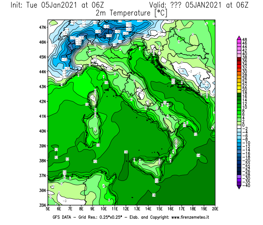 Mappa di analisi GFS - Temperatura a 2 metri dal suolo [°C] in Italia
									del 05/01/2021 06 <!--googleoff: index-->UTC<!--googleon: index-->