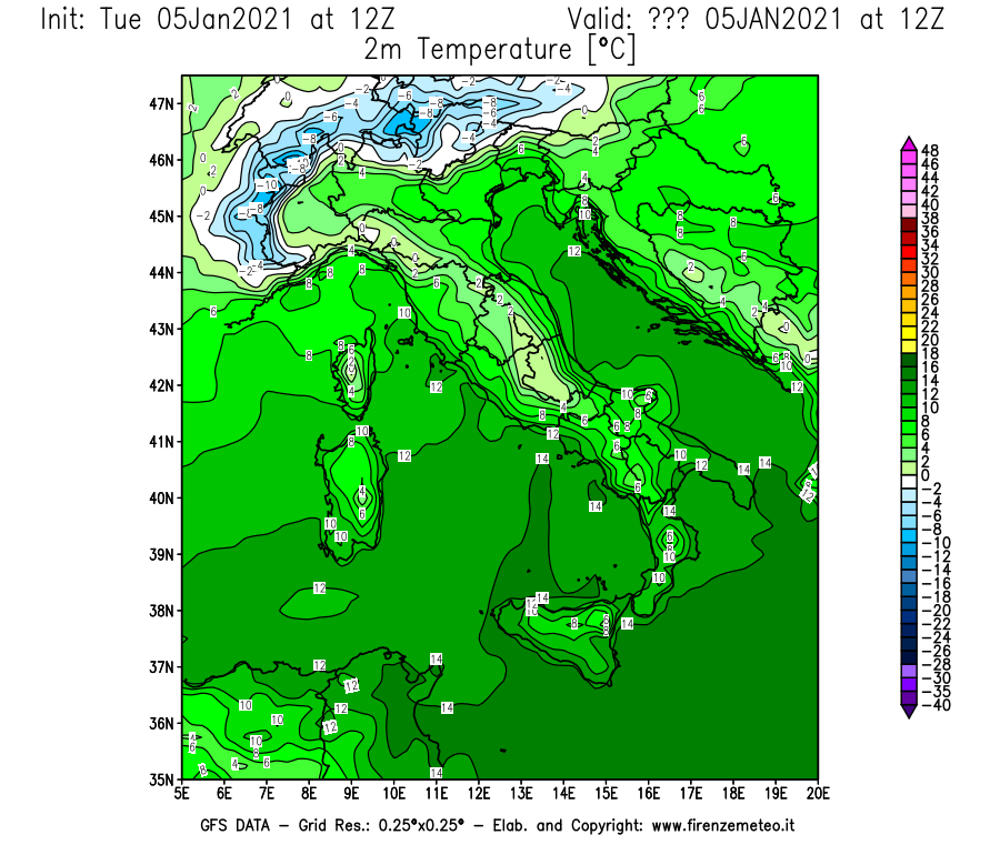 Mappa di analisi GFS - Temperatura a 2 metri dal suolo [°C] in Italia
									del 05/01/2021 12 <!--googleoff: index-->UTC<!--googleon: index-->