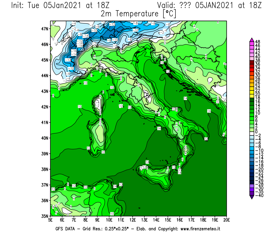 Mappa di analisi GFS - Temperatura a 2 metri dal suolo [°C] in Italia
									del 05/01/2021 18 <!--googleoff: index-->UTC<!--googleon: index-->