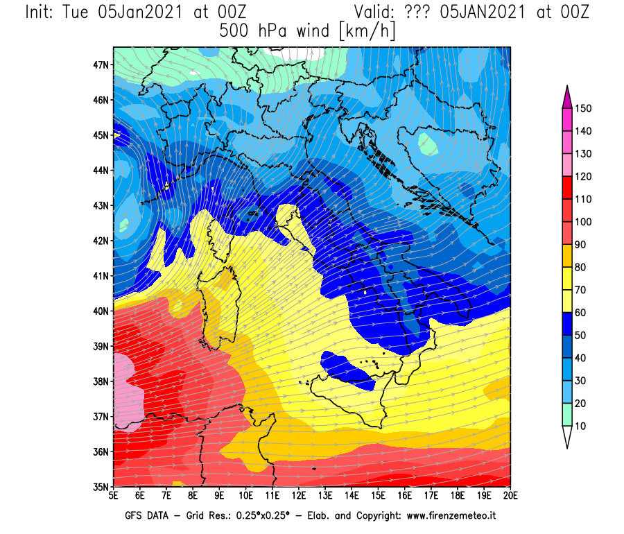 Mappa di analisi GFS - Velocità del vento a 500 hPa [km/h] in Italia
									del 05/01/2021 00 <!--googleoff: index-->UTC<!--googleon: index-->