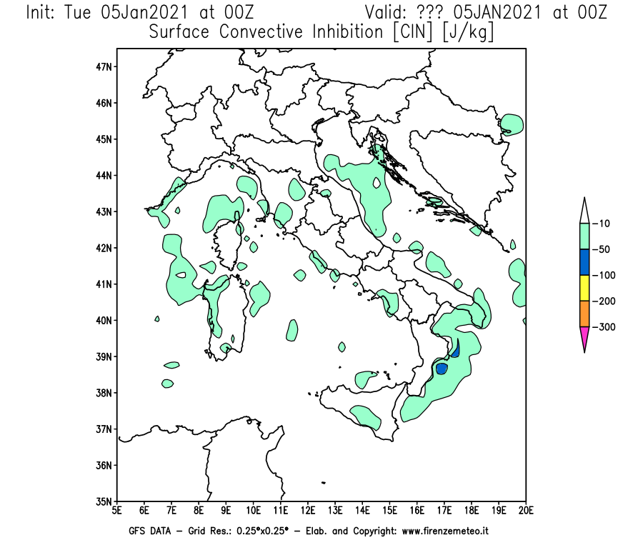 Mappa di analisi GFS - CIN [J/kg] in Italia
									del 05/01/2021 00 <!--googleoff: index-->UTC<!--googleon: index-->