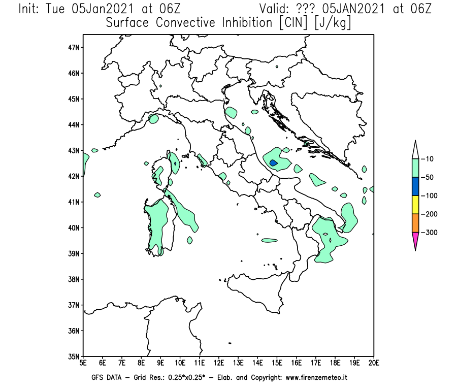 Mappa di analisi GFS - CIN [J/kg] in Italia
									del 05/01/2021 06 <!--googleoff: index-->UTC<!--googleon: index-->