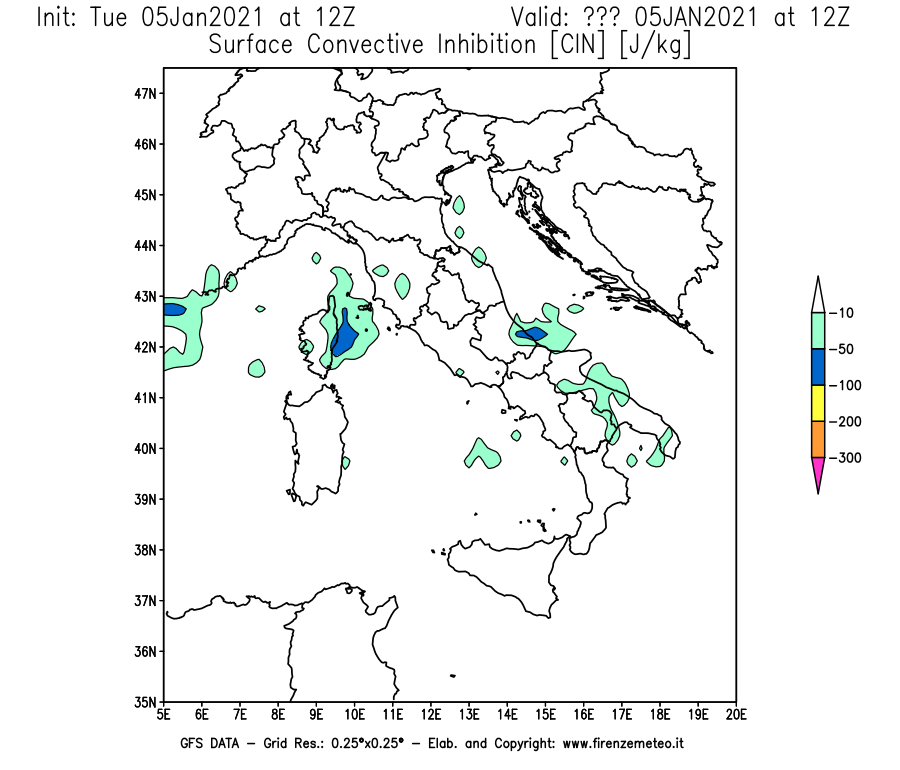 Mappa di analisi GFS - CIN [J/kg] in Italia
									del 05/01/2021 12 <!--googleoff: index-->UTC<!--googleon: index-->