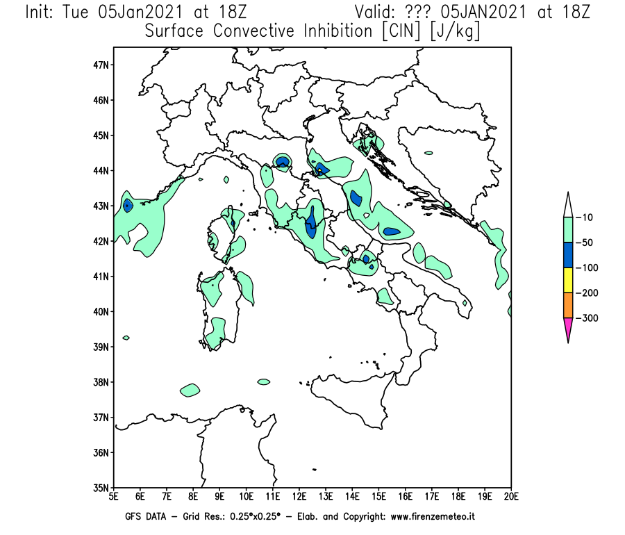 Mappa di analisi GFS - CIN [J/kg] in Italia
									del 05/01/2021 18 <!--googleoff: index-->UTC<!--googleon: index-->