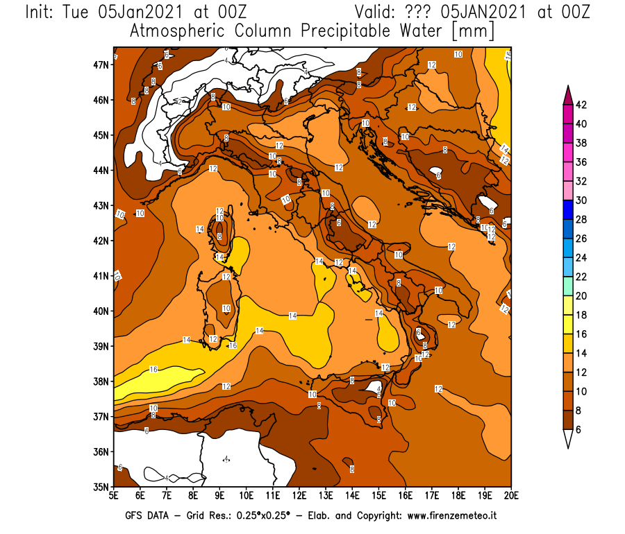 Mappa di analisi GFS - Precipitable Water [mm] in Italia
									del 05/01/2021 00 <!--googleoff: index-->UTC<!--googleon: index-->