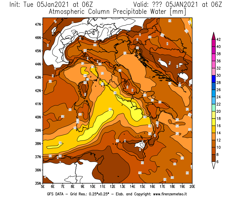 Mappa di analisi GFS - Precipitable Water [mm] in Italia
									del 05/01/2021 06 <!--googleoff: index-->UTC<!--googleon: index-->