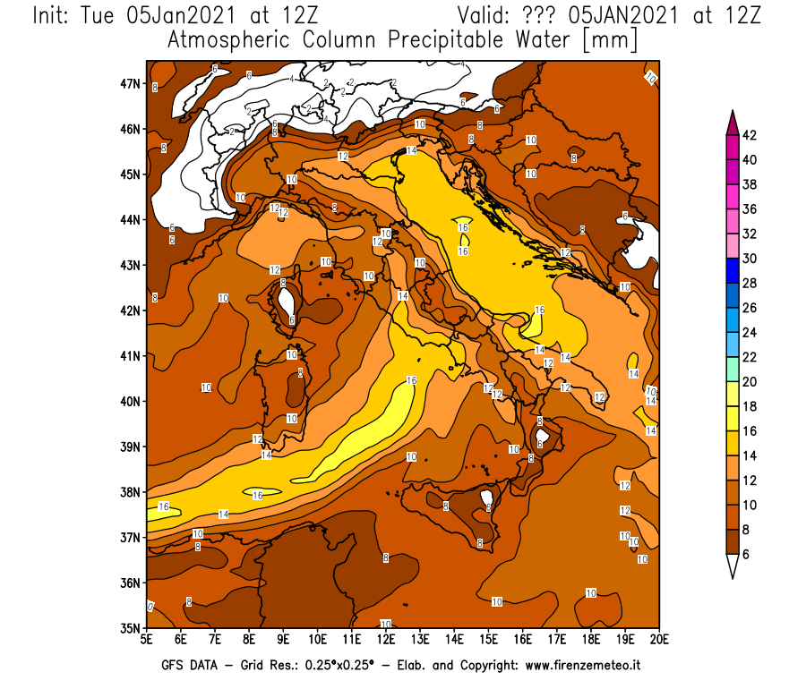 Mappa di analisi GFS - Precipitable Water [mm] in Italia
									del 05/01/2021 12 <!--googleoff: index-->UTC<!--googleon: index-->