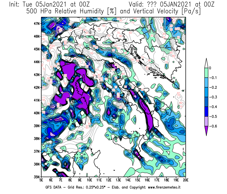 Mappa di analisi GFS - Umidità relativa [%] e Omega [Pa/s] a 500 hPa in Italia
									del 05/01/2021 00 <!--googleoff: index-->UTC<!--googleon: index-->