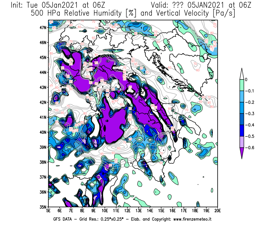 Mappa di analisi GFS - Umidità relativa [%] e Omega [Pa/s] a 500 hPa in Italia
									del 05/01/2021 06 <!--googleoff: index-->UTC<!--googleon: index-->