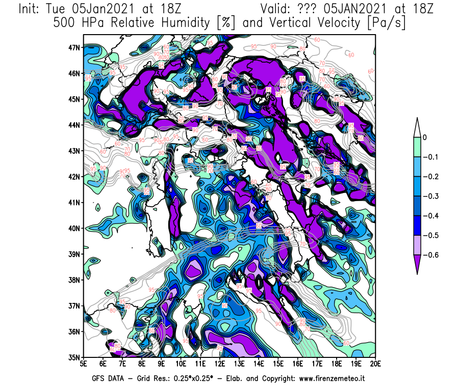 Mappa di analisi GFS - Umidità relativa [%] e Omega [Pa/s] a 500 hPa in Italia
									del 05/01/2021 18 <!--googleoff: index-->UTC<!--googleon: index-->