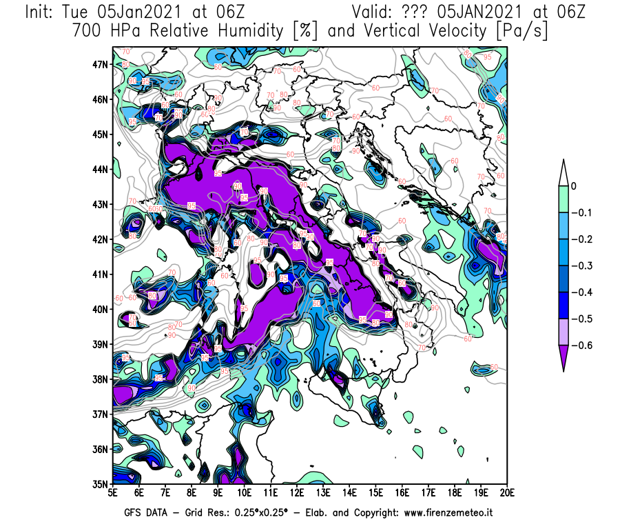 Mappa di analisi GFS - Umidità relativa [%] e Omega [Pa/s] a 700 hPa in Italia
									del 05/01/2021 06 <!--googleoff: index-->UTC<!--googleon: index-->