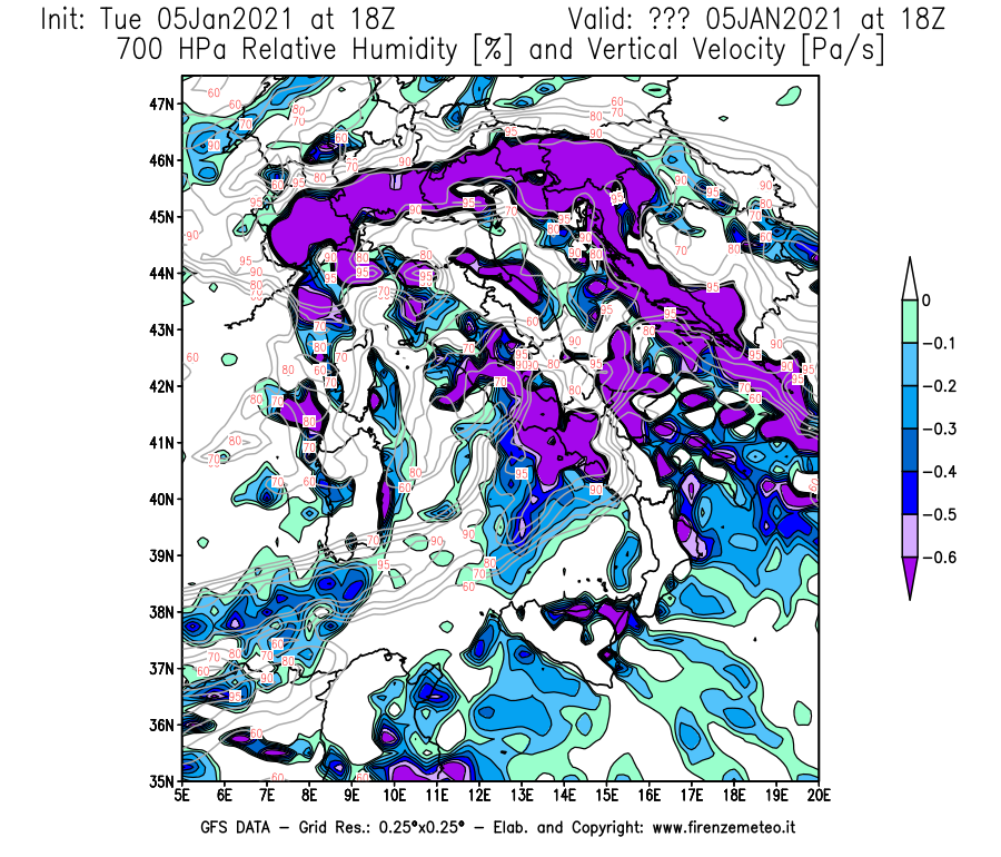 Mappa di analisi GFS - Umidità relativa [%] e Omega [Pa/s] a 700 hPa in Italia
									del 05/01/2021 18 <!--googleoff: index-->UTC<!--googleon: index-->