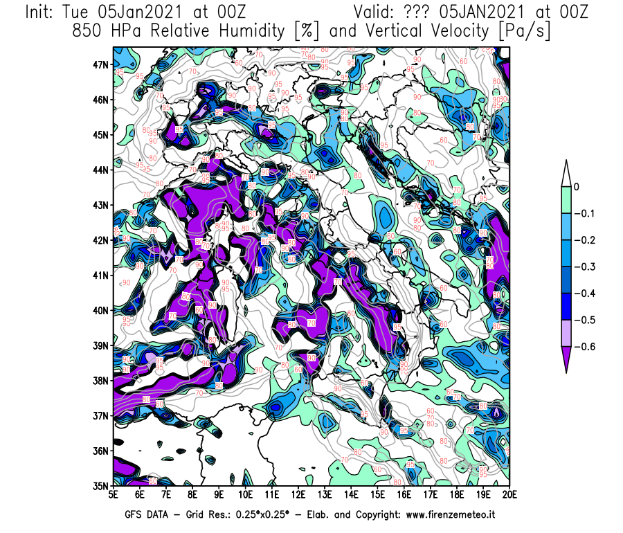 Mappa di analisi GFS - Umidità relativa [%] e Omega [Pa/s] a 850 hPa in Italia
									del 05/01/2021 00 <!--googleoff: index-->UTC<!--googleon: index-->