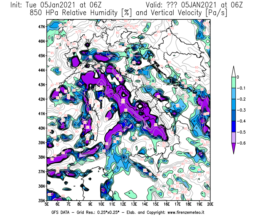 Mappa di analisi GFS - Umidità relativa [%] e Omega [Pa/s] a 850 hPa in Italia
									del 05/01/2021 06 <!--googleoff: index-->UTC<!--googleon: index-->