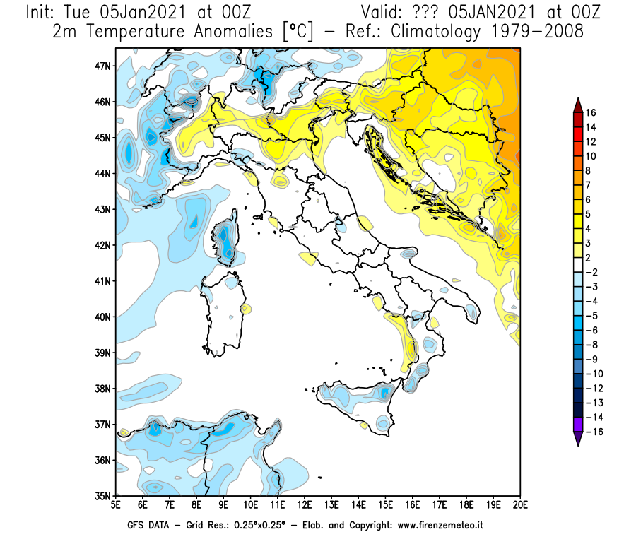Mappa di analisi GFS - Anomalia Temperatura [°C] a 2 m in Italia
									del 05/01/2021 00 <!--googleoff: index-->UTC<!--googleon: index-->