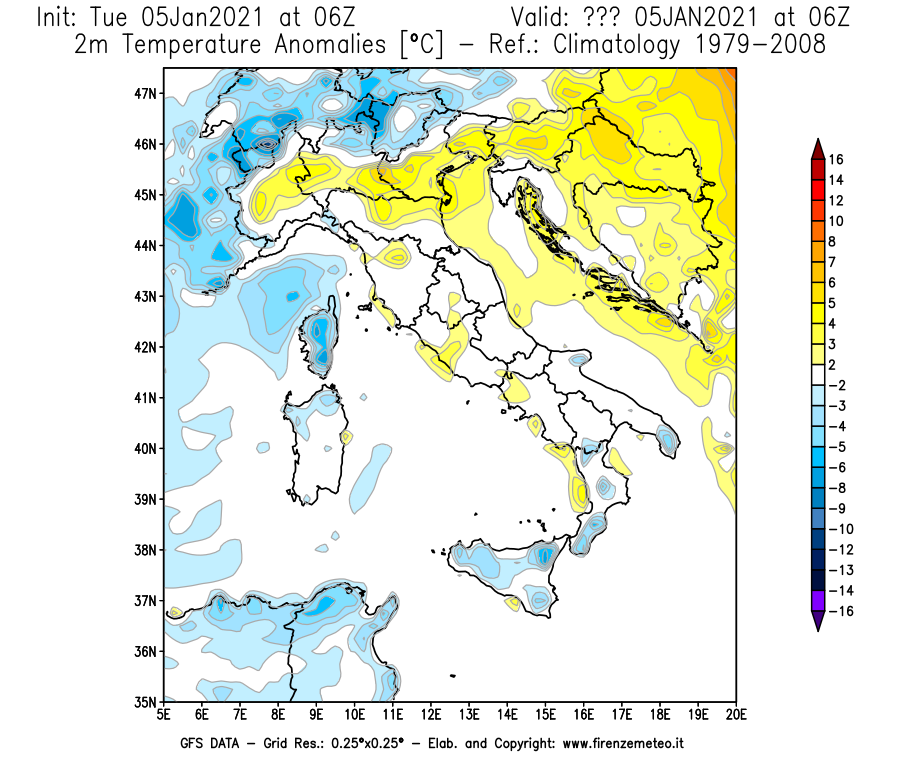 Mappa di analisi GFS - Anomalia Temperatura [°C] a 2 m in Italia
									del 05/01/2021 06 <!--googleoff: index-->UTC<!--googleon: index-->