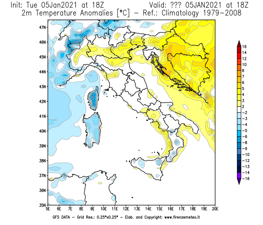 Mappa di analisi GFS - Anomalia Temperatura [°C] a 2 m in Italia
									del 05/01/2021 18 <!--googleoff: index-->UTC<!--googleon: index-->