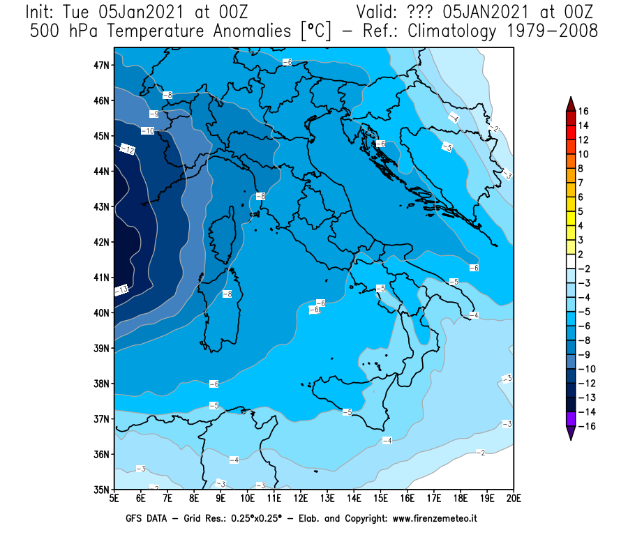 Mappa di analisi GFS - Anomalia Temperatura [°C] a 500 hPa in Italia
									del 05/01/2021 00 <!--googleoff: index-->UTC<!--googleon: index-->