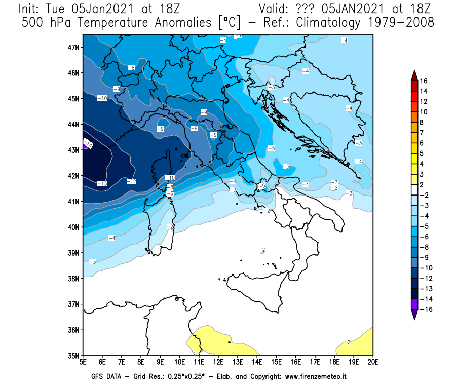 Mappa di analisi GFS - Anomalia Temperatura [°C] a 500 hPa in Italia
									del 05/01/2021 18 <!--googleoff: index-->UTC<!--googleon: index-->