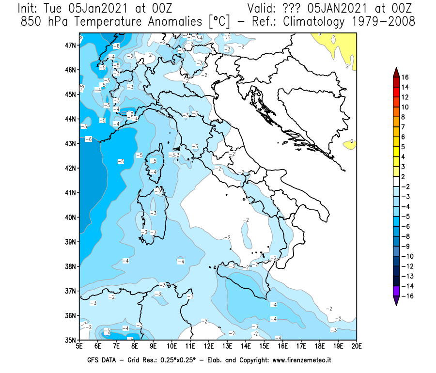 Mappa di analisi GFS - Anomalia Temperatura [°C] a 850 hPa in Italia
									del 05/01/2021 00 <!--googleoff: index-->UTC<!--googleon: index-->