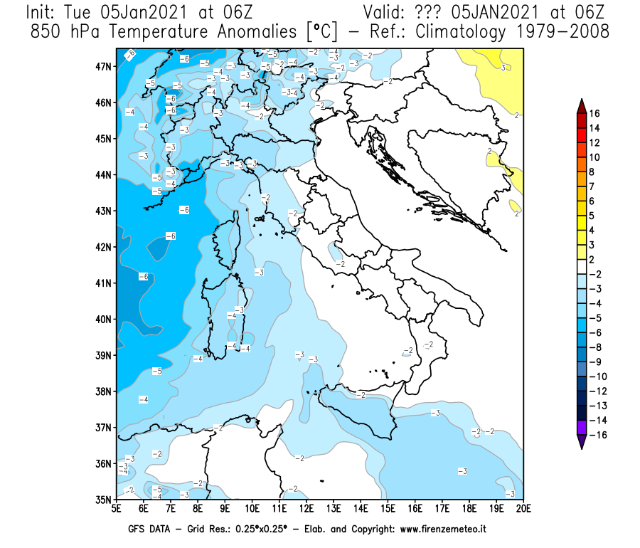 Mappa di analisi GFS - Anomalia Temperatura [°C] a 850 hPa in Italia
									del 05/01/2021 06 <!--googleoff: index-->UTC<!--googleon: index-->