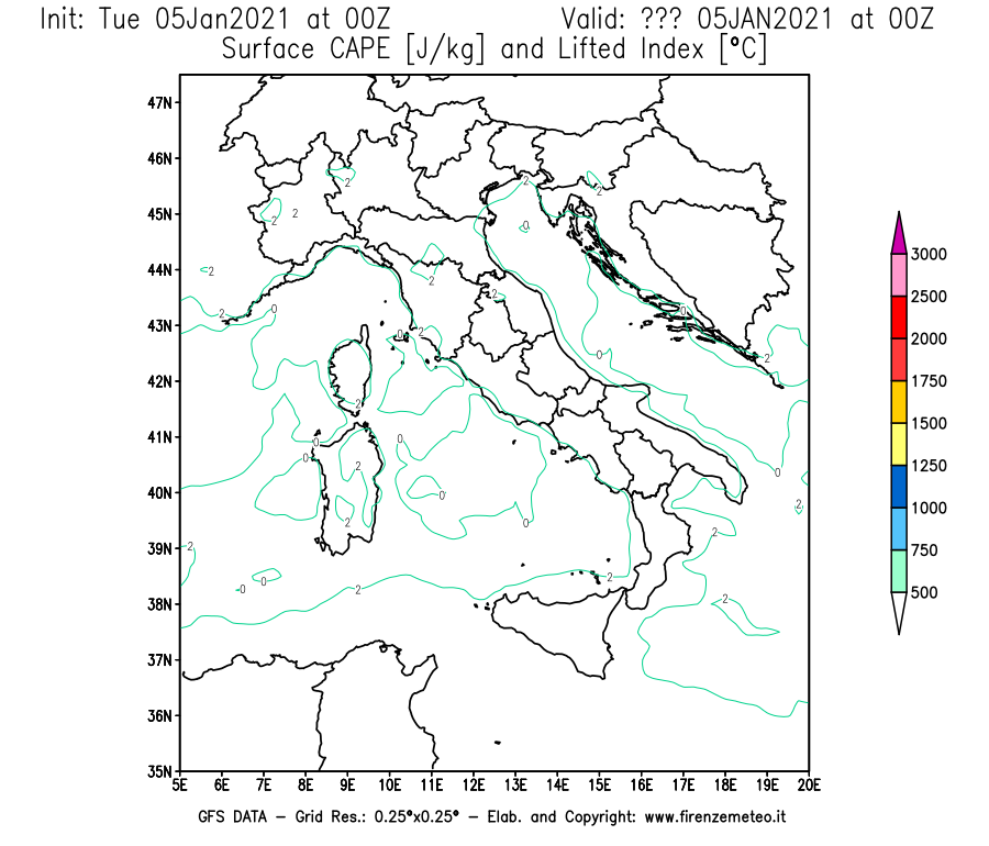 Mappa di analisi GFS - CAPE [J/kg] e Lifted Index [°C] in Italia
									del 05/01/2021 00 <!--googleoff: index-->UTC<!--googleon: index-->