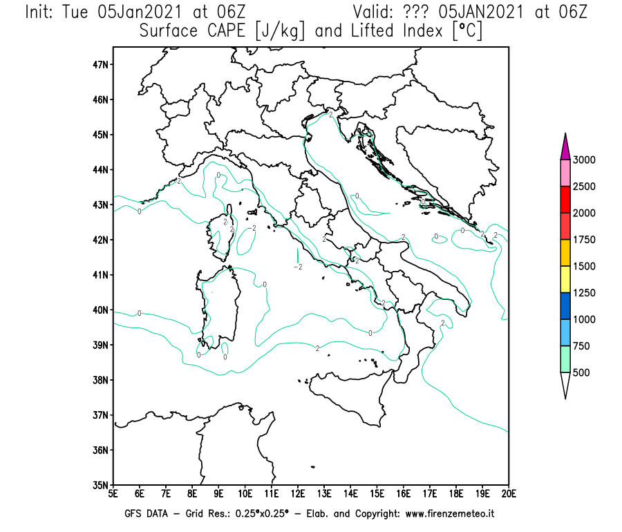 Mappa di analisi GFS - CAPE [J/kg] e Lifted Index [°C] in Italia
									del 05/01/2021 06 <!--googleoff: index-->UTC<!--googleon: index-->