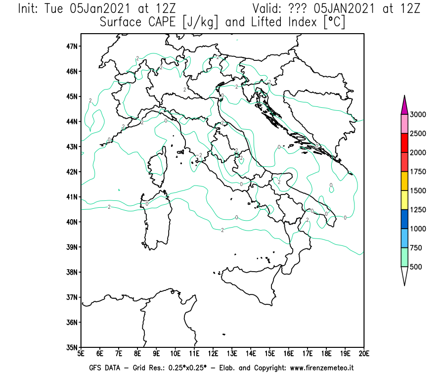 Mappa di analisi GFS - CAPE [J/kg] e Lifted Index [°C] in Italia
									del 05/01/2021 12 <!--googleoff: index-->UTC<!--googleon: index-->