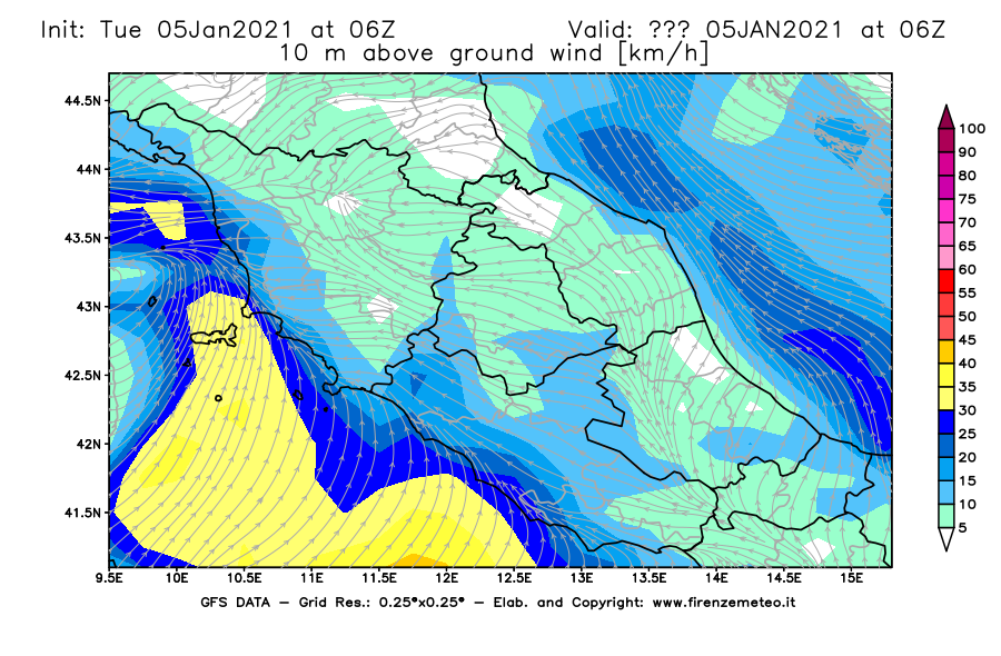 Mappa di analisi GFS - Velocità del vento a 10 metri dal suolo [km/h] in Centro-Italia
									del 05/01/2021 06 <!--googleoff: index-->UTC<!--googleon: index-->