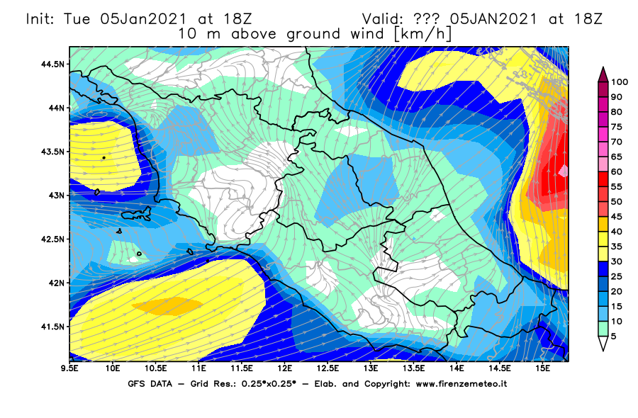 Mappa di analisi GFS - Velocità del vento a 10 metri dal suolo [km/h] in Centro-Italia
									del 05/01/2021 18 <!--googleoff: index-->UTC<!--googleon: index-->